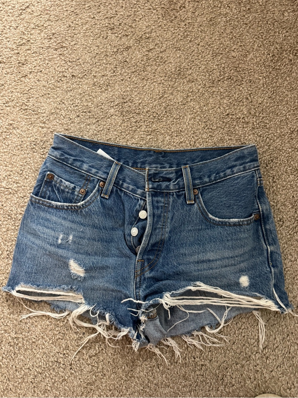 Levi’s Blue Dark Wash 501 Denim Distressed High-Rise Shorts